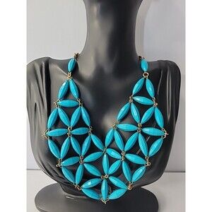 Vintage Turquoise Blue Color Bib Necklace Gold Tone Statement Mesh Jewelry